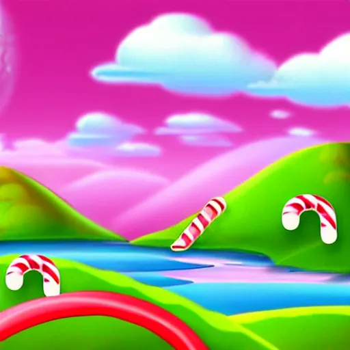 Image similar to cute candy landscape, mobile game background, match 3, pink hills, candy canes, chocolate