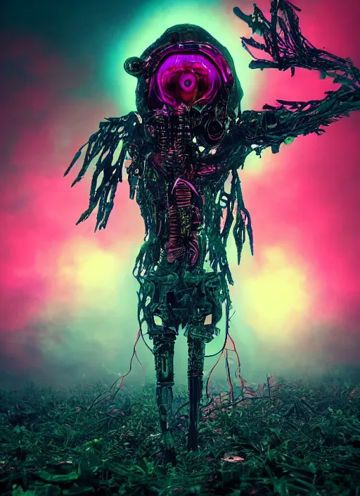 Image similar to a mad small psychedelic surreal horror cyborg in the chaotic spirit forest, bizarre conceptual art, filmic, fulcolor octane render, 1 6 k 4 d, cinematic, ultra - realistic