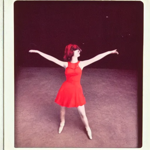 Image similar to vintage polaroid of a dancing young woman in the 60s, low perspective, a nuclear fallout cloud visible in the background, red color bleed, film grain