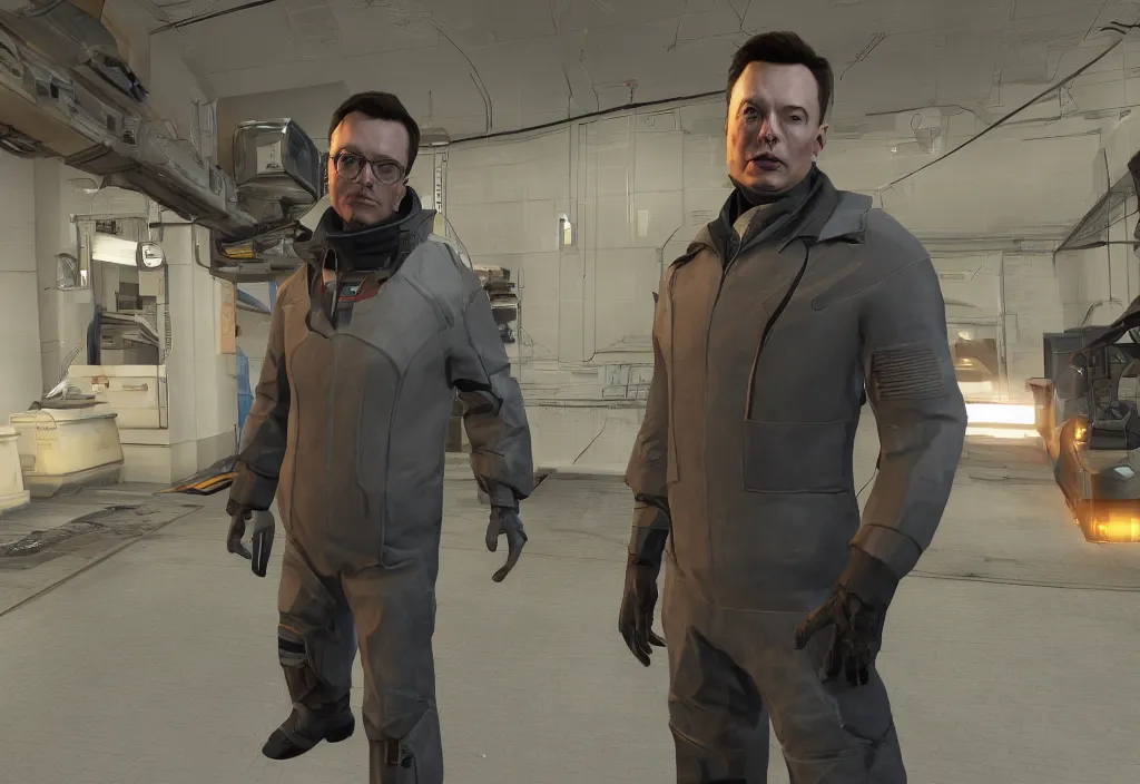 Image similar to elon musk in half life, elon musk in the video game half life, gameplay screenshot, close up, 3 d rendering. unreal engine. amazing likeness. very detailed.