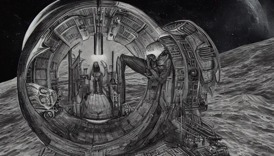 Image similar to travel to the moon in the style of giger