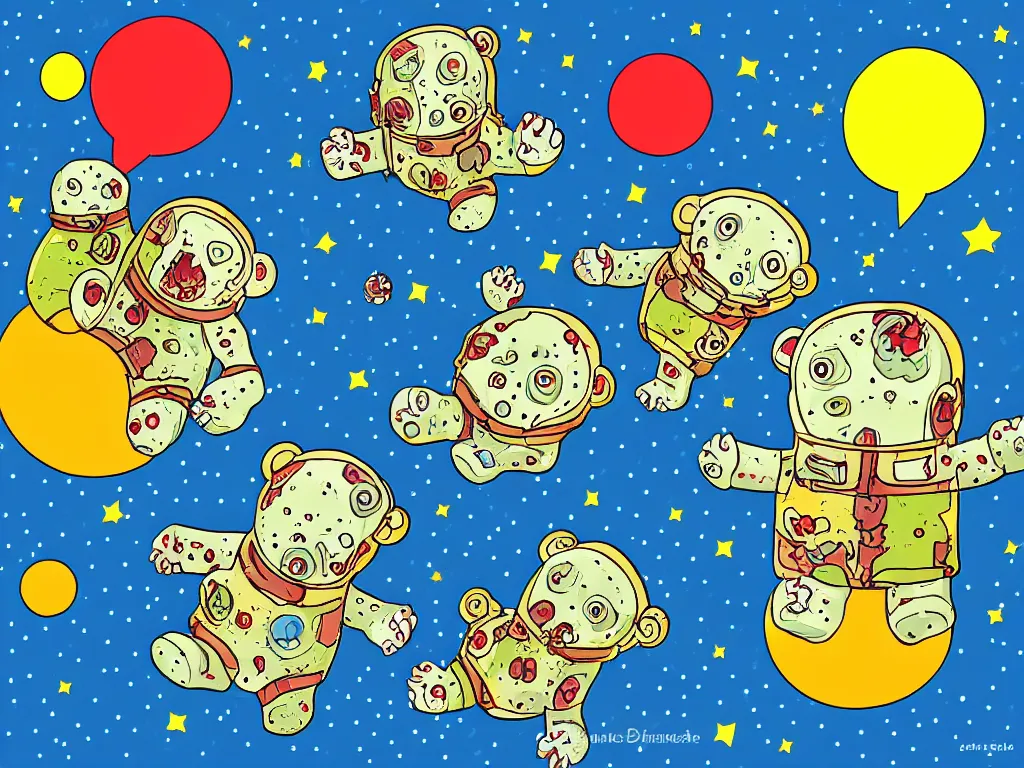 Image similar to happy zombie teddy bears floating in space, cartoon illustration, detailed, sarcastic