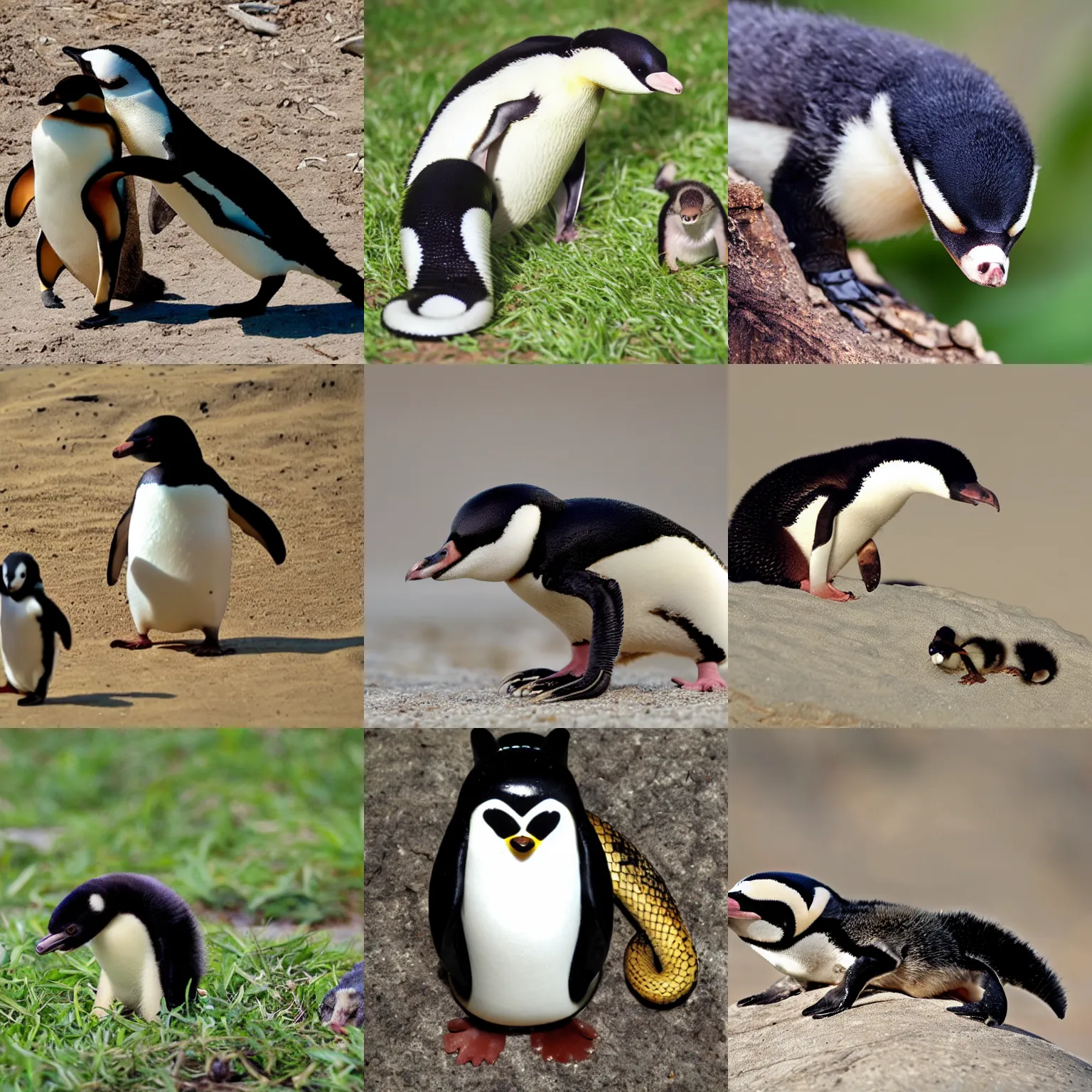 Prompt: honey badger, penguin, small snake