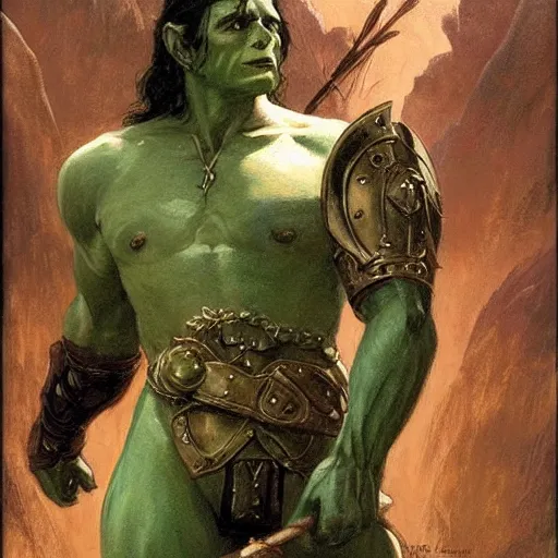 Prompt: medieval, attractive muscular male half elf half orc character design, armor, green skin, painting by gaston bussiere, craig mullins, j. c. leyendecker, tom of finland