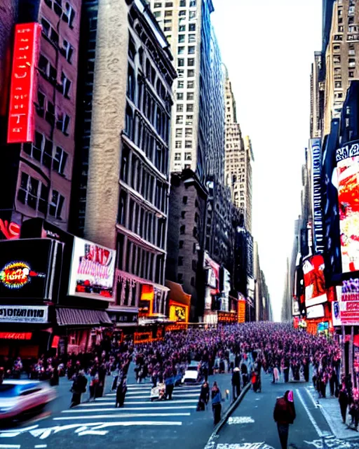 Image similar to photo of new york street with all people have hollow eyes and crazy grin on face