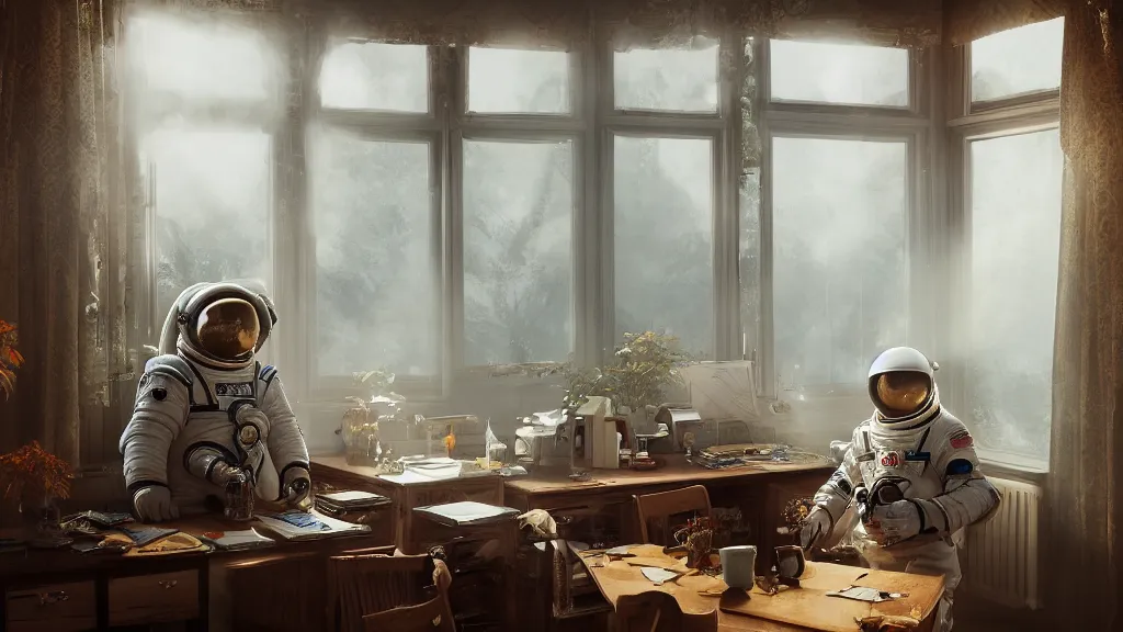 Prompt: a single cosmonaut in a spacesuit drinks steaming tea at an old wooden desk in a richly decorated Victorian house. the autumn light comes in through a window and dimly illuminates the room, diffuse light, octane render