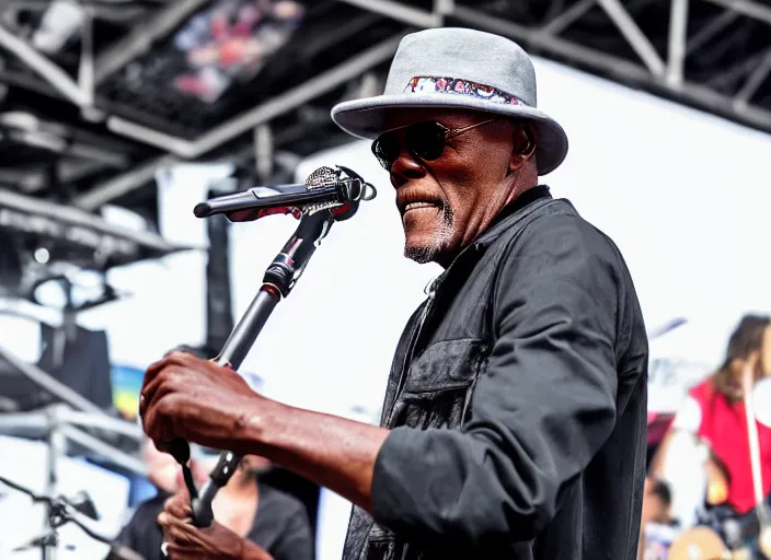 Prompt: photo still of samuel l jackson on stage at vans warped tour!!!!!!!! at age 3 3 years old 3 3 years of age!!!!!!!! playing a tamborine, 8 k, 8 5 mm f 1. 8, studio lighting, rim light, right side key light