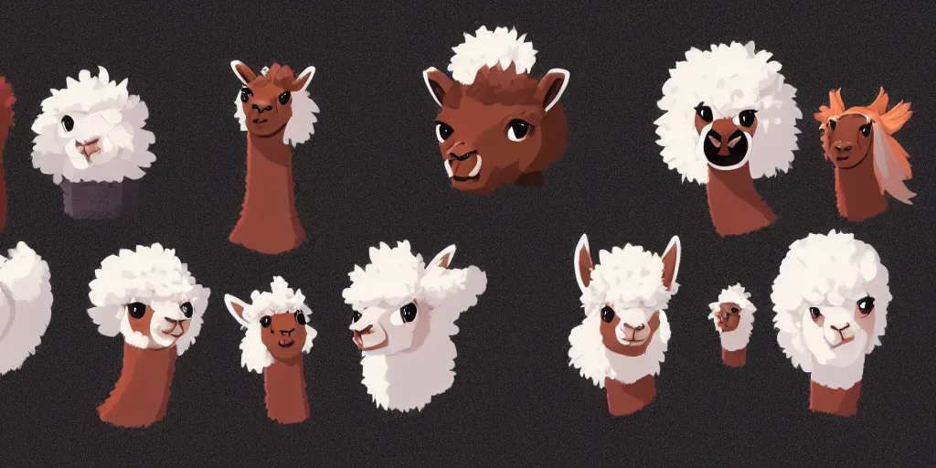 Prompt: game asset of unique alpaca heads on black background, organic, animated disney movie palette, animated disney movie black inking, cel shading, 5 colors, no gradients, flat 2 d design, 2 d sprites, 8 k, close up