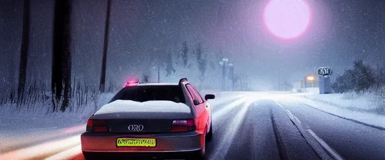 Image similar to Audi A4 B6 Avant (2002), a gritty neo-noir, dramatic bright lighting, cinematic, establishing shot, extremely high detail, photorealistic, cinematic lighting, artstation, by simon stalenhag, Snowy finnish road, At night, Poets of the Fall - Late Goodbye