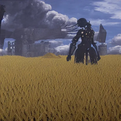 Image similar to a high resolution very detailed image from nier : automata of the russian tank final boss fight, in yellow rye field under blue sky