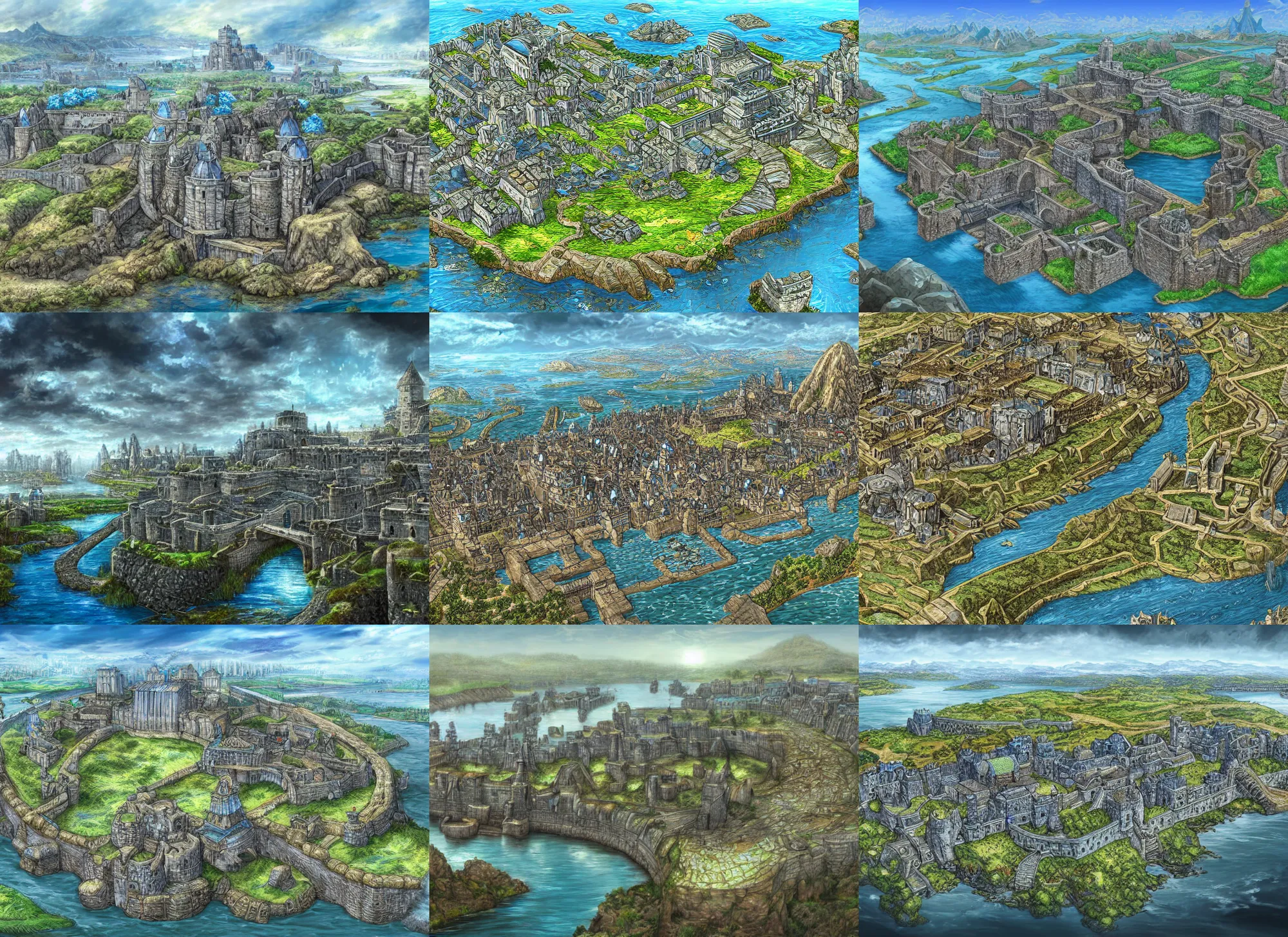 Prompt: landscape depicting a grand blue stone fortress at the heart of a great metropolis, river confluence island, medieval fantasy, detailed digital art