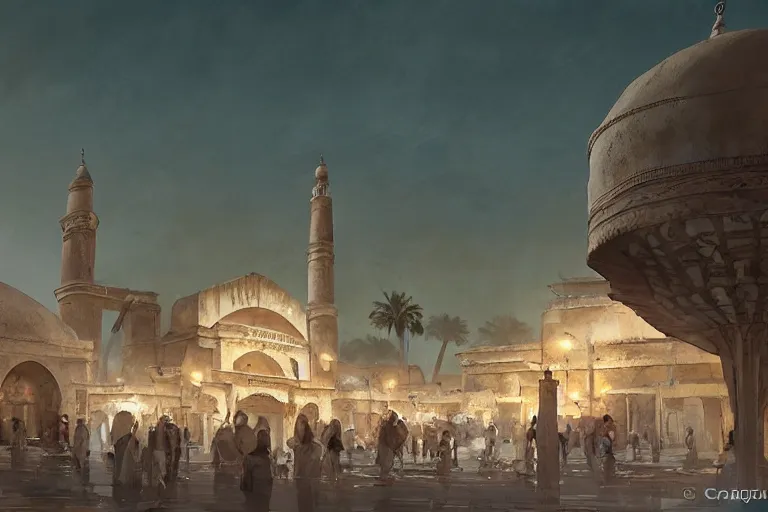 Prompt: Huge Persian white temple in a plaza, round roof. At night low angle in the middle of a adobe house kasbah town, mud and brick houses, merchant street, pueblo dense architecture, colorful crowd. Scenic view at night, underexposed, clean horizon, matte painting by craig mullins and dan mumford, dark fantasy, style of game of thrones, concept art trending on artstation, 4k, insane details