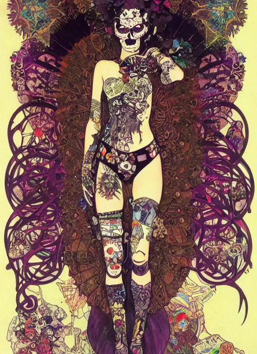 Prompt: cute punk goth fashion fractal Día de los Muertos tattooed astronaut girl posing, psychedelic poster art of by Victor Moscoso Rick Griffin Alphonse Mucha Gustav Klimt Ayami Kojima Amano Charlie Bowater, masterpiece