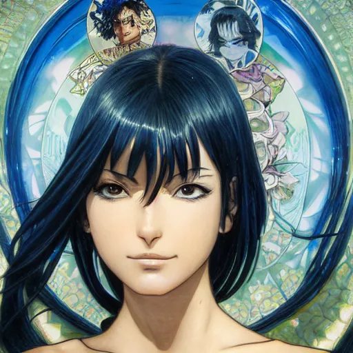 Image similar to highly detailed vfx portrait of nico robin by eiichiro oda!, makoto shinkai, alphonse mucha, art by artgerm and greg rutkowski!, backlit, harsh overhead sunlight, blue eyes!!, large aquiline nose!!, best of behance, concept art, matte, sharp focus, stanley kubrick - c 9. 0