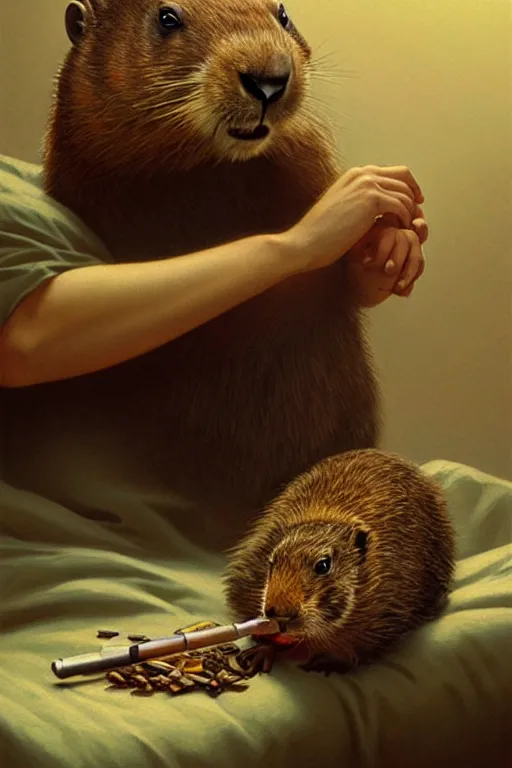 Image similar to drug addicted groundhog with a needle lies on the bed, realistic portrait, highly detailed, digital painting, artstation, concept art, smooth, sharp focus, illustration, cinematic lighting, art by artgerm and greg rutkowski and alphonse mucha