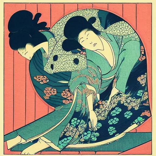 Image similar to “A carousel in the style of a woodblock print by the Japanese ukiyo-e artist Hokusai, by James jean, by yukio shimizu”