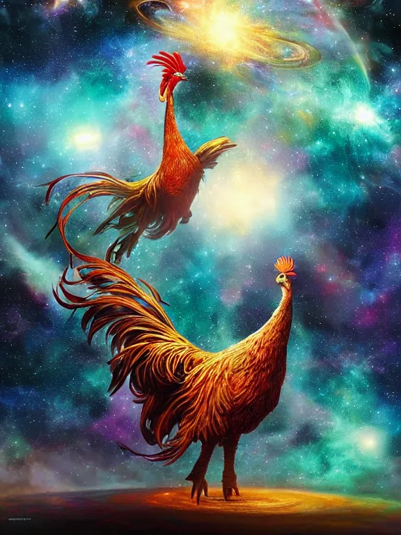 Prompt: a giant rooster floating in space, galaxy cosmic nebula, epic, volumetric light, hyperrealistic, glitter, mega detailed, beautiful composition, beautiful lighting, unreal render, 4 k, vincent di fate, john berkey, michael whelan