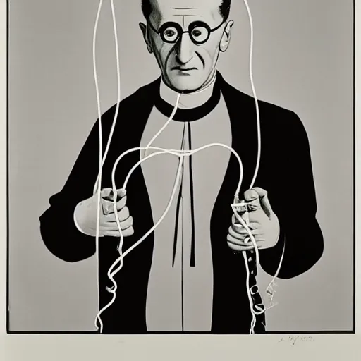 Image similar to a minimalist portrait of Marcel Duchamp holding computer cables in the style of Marcel Duchamp, Da Vinci, Irving Penn, Hito Steyerl, wide angle, monochrome, futuristic