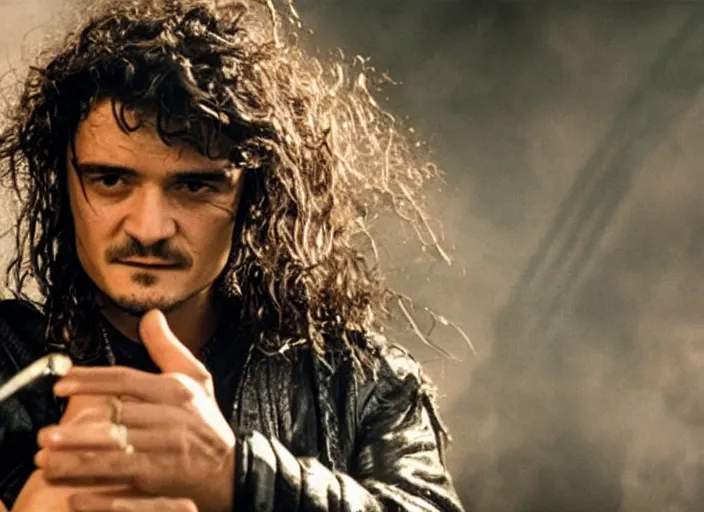 Prompt: promotional image of orlando bloom in a heavy metal band in a movie from 1978, rugged black clothes, detailed face, movie still frame, promotional image, imax 70 mm footage