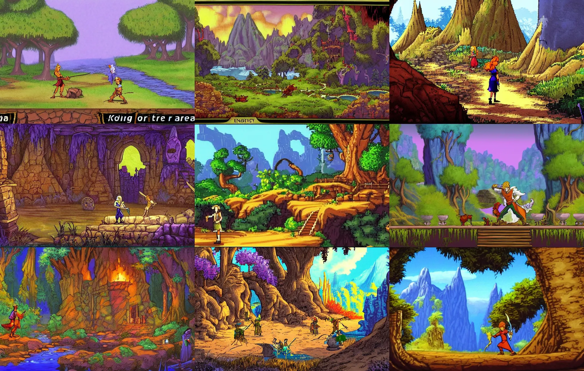 Prompt: a scene from king's quest vi : heir today, gone tomorrow, from a fantasy point and click 2 d graphic adventure game, art inspired by john shroades, king's quest, sierra entertainment games, colorful landscape painting