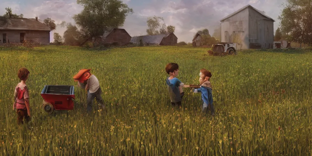 Image similar to two kids pick flowers in a field in front of abandoned farmhouse with robotic harvesters, landscape, by pixar, high detail, 3D, octane, realistic, cinematic, photoreal, by stalenhag