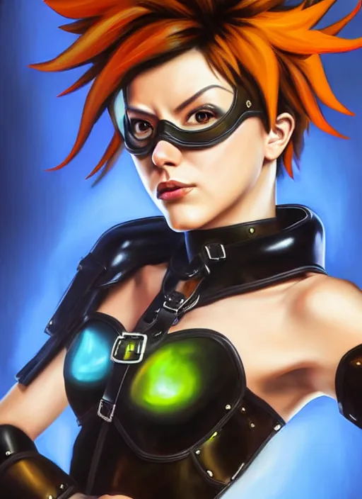 Image similar to oil painting digital artwork of tracer overwatch, confident pose, wearing black iridescent rainbow latex, 4 k, expressive happy smug expression, makeup, in style of mark arian, wearing leather collar, wearing sleek armor, black leather harness, expressive detailed face and eyes,