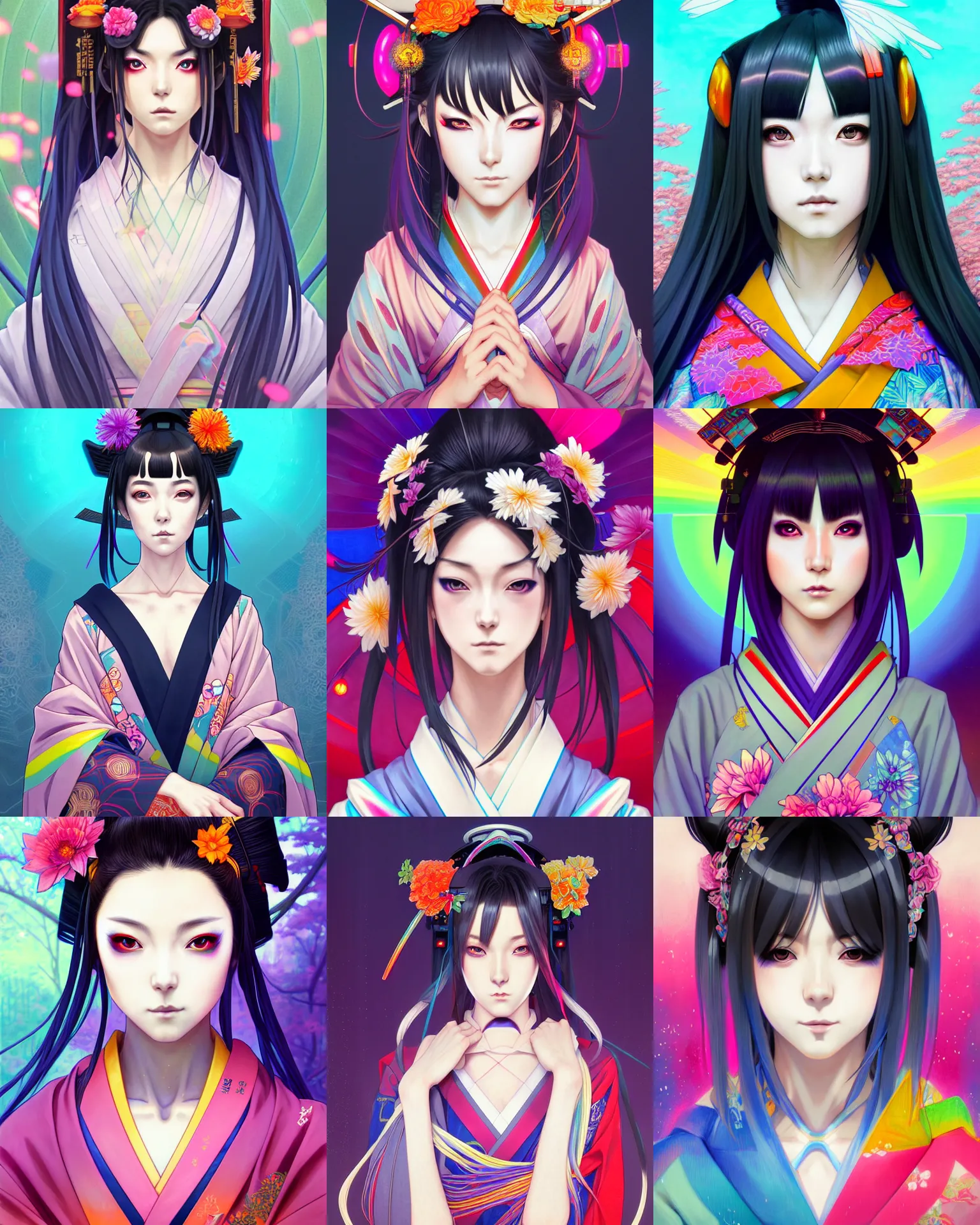 Prompt: symmetry!!!!!! beautiful anime girl cyberpunk geisha portrait, garden background, wearing rainbow kimono, highly detailed, anime, dynamic lighting, digital art, digital painting, artstation, wlop, sharp focus, illustration, art by artgerm and greg rutkowski and alphonse mucha, 8 k