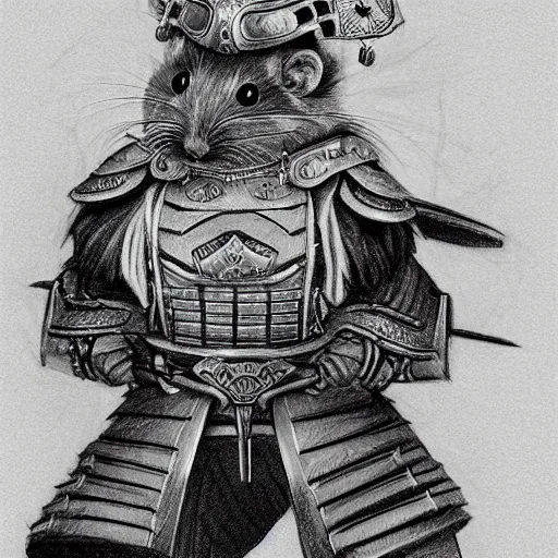 Image similar to a hamster wearing samurai armor. pencil drawing. concept art. filigree drawing.