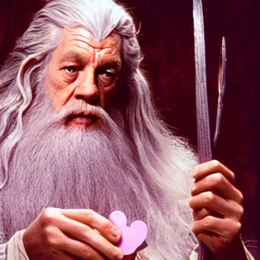 Image similar to portrait of gandalf the pink, hair ribbon, holding a blank playing card up to the camera, movie still from the lord of the rings