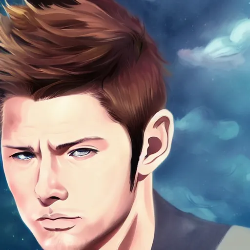 Image similar to Stunning portrait of handsome Jensen Ackles as an angel, studio ghibli style, artstation