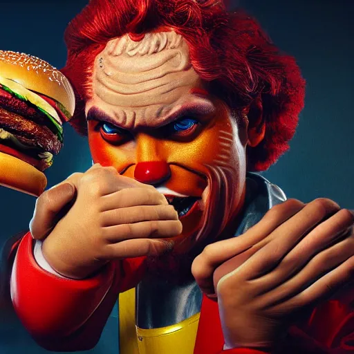 Prompt: Hyperrealistic ultradetailed digital art of Ronald McDonald and the Burger King fighting , realistic, detailed lighting, cinematic, trending on artstation and 500px and behance