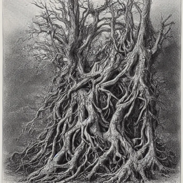 Prompt: an engraving of a merlin encased within the roots of a tree by gustave dore, ian miller, highly detailed, strong shadows, depth, lithograph engraving