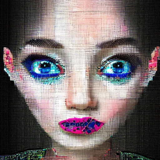 Image similar to portrait mosaic of a beautiful cute girl with robot ears and eyes, 4k, intricate details, digital, Emma Biggs