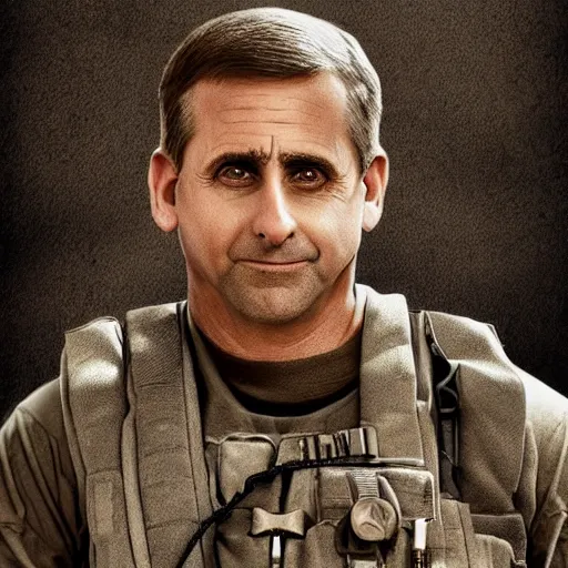 Image similar to Steve Carell as a navy SEAL, high resolution fantasy concept art, intricate details, soft lighting