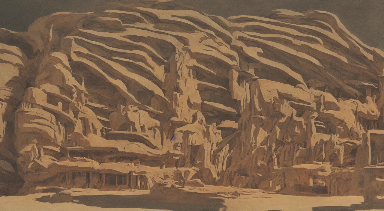 Image similar to chiaroscuro gouache by james gurney. utopia building designed by frank lloyd wright. dune palace. composed by directory kurosawa ( 1 9 6 2 ). baroque frame