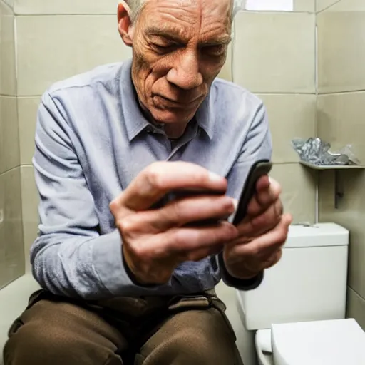 Prompt: magneto plays with his phone on the toilet. photojournalism, award winning, documentary, cover story