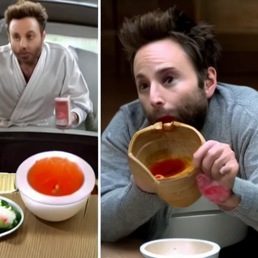 Image similar to Charlie Day eating sushi out of a white toilet bowl, realistic