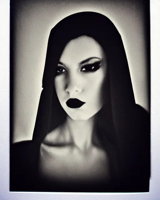 Image similar to photorealism, polaroid, black and white, woman's silhouette, black veil, impressionism