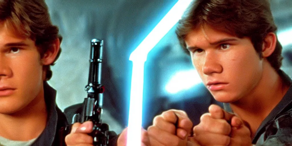 Image similar to a full color still of a teenaged Han Solo holding a lightsaber hilt during a sci-fi battle, cinematic lighting, 1999, directed by Steven Spielberg, 35mm