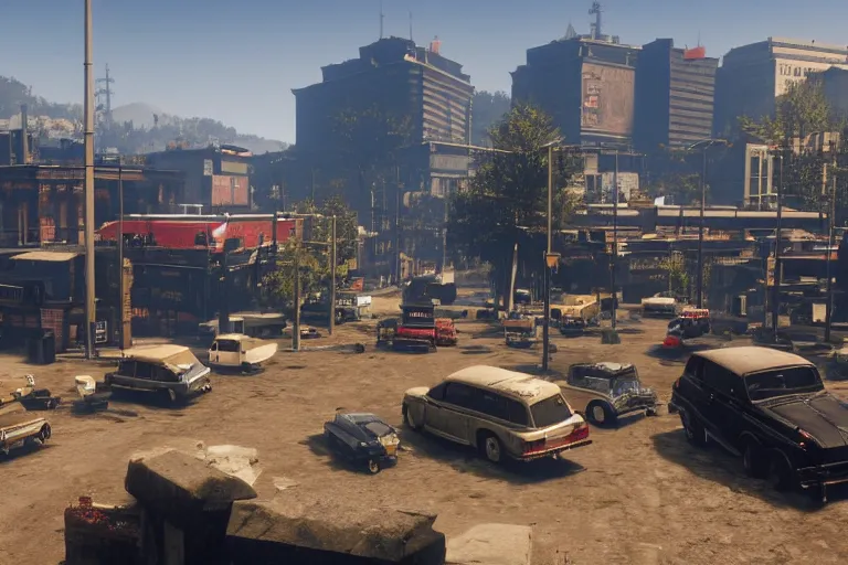 Prompt: A huge modern city in red dead redemption 2, cars instead of horses, no horses, cars, modern