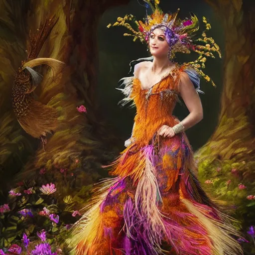 Image similar to Queen of the fae holding court while wearing a sleeveless feathered gown, powerful, intricate, hyper realism, colorful, 4k