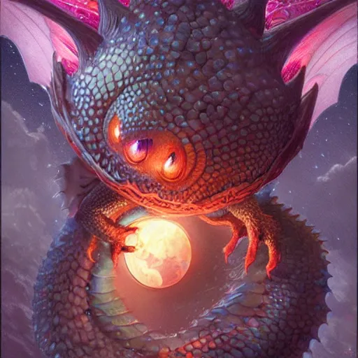 Image similar to a hyperrealistic illustration of a cute and tiny dragon that glows in the dark, dragon baby, glow in the dark, fractal moonlight, little dragon with glowing scales, award - winning, masterpiece, in the style of tom bagshaw, cedric peyravernay, peter mohrbacher