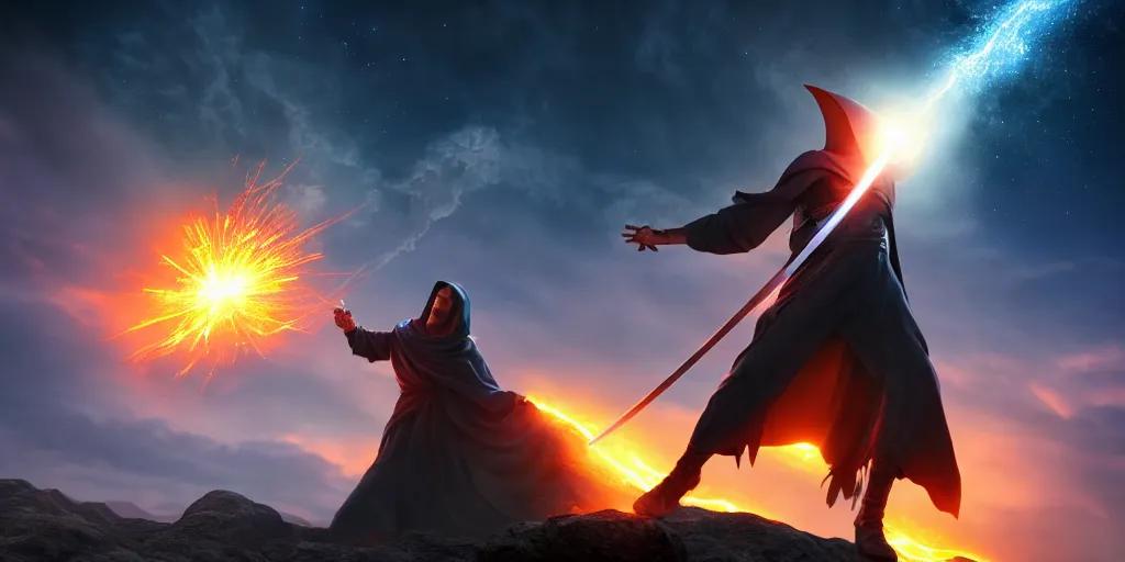 Image similar to levitating wizard wielding a sword, opening a shining portal, night sky, horizon of an erupting volcano, 4 k, ultra realistic, detailed, epic lighting, high detail, masterpiece, trending on artstation