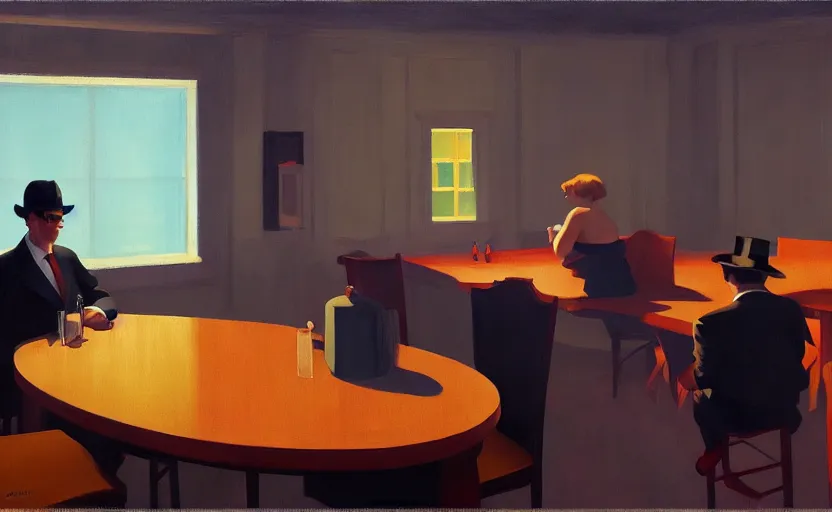 Image similar to Inside mafia room, very coherent, painted by Edward Hopper, painted by James Gilleard, airbrush, art by JamesJean