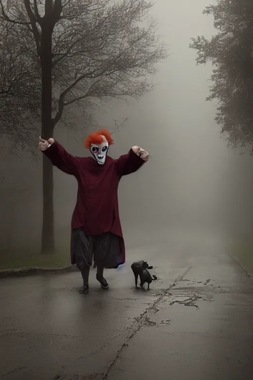 Prompt: the most evil looking goat ever seen and a clown in the street, rainy day, foggy, by gregory crewdson