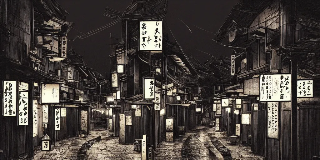 Prompt: feudal japan tokyo street at night, street level, cinematic lighting, 4k, trending on artstation, low key, intricate ink illustration, digital art, ultra detailed, art by albert bierstadt