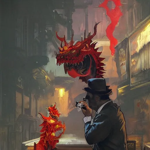 Image similar to A mafia man with a tobacco in his left hand, behind him is a Chinese dragon emanating a red aura of danger art by Craig Mullins, Simon Bisley, Gregory Manchess, Fernanda Suarez, Artem Demura, Alphonse Mucha, Donato Giancola, Jason Felix, Steve Argyle, Tyler Jacobson, Peter Mohrbacher, trending on artstation, digital art