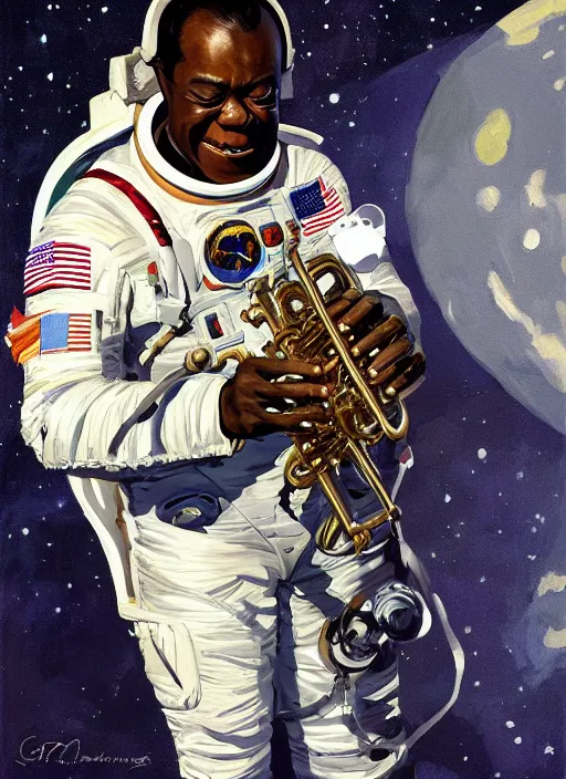 Prompt: a portrait of louis armstrong wearing a space suit on the moon, ( ( ( trumpet ) ) ), by greg manchess and john singer sargent and jonathan yeo, dramatic lighting, highly detailed digital painting
