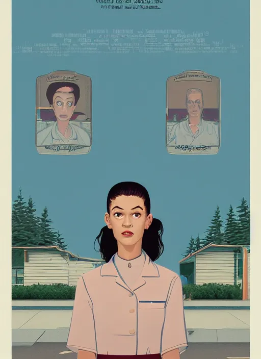 Prompt: Twin Peaks poster artwork, portrait of Zendaya wearing light blue color diner waitress dress, she is a high school student working in the RR diner from Twin Peaks, from scene from Twin Peaks by Michael Whelan, Bob Larkin and Tomer Hanuka, simple illustration, domestic, nostalgic, clean, full of details, by Makoto Shinkai and thomas kinkade, Matte painting, trending on artstation and unreal engine, New Yorker magazine cover