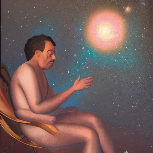 Prompt: painting of a peaceful man relaxing in the cosmos by David Normal, David Normal,